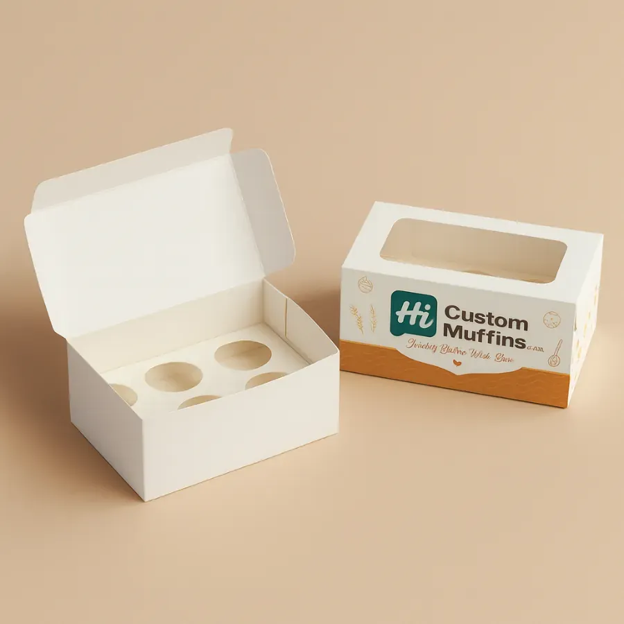 Custom white muffin boxes with a clear display window and removable insert for six muffins- featuring a printed bakery logo class=