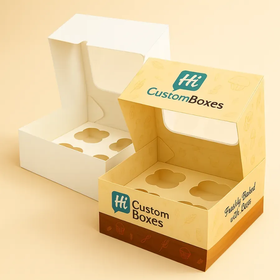 White and yellow custom-printed muffin packaging boxes with a window cut-out on the lid and a four-cup insert- ideal for bakery takeaway class=