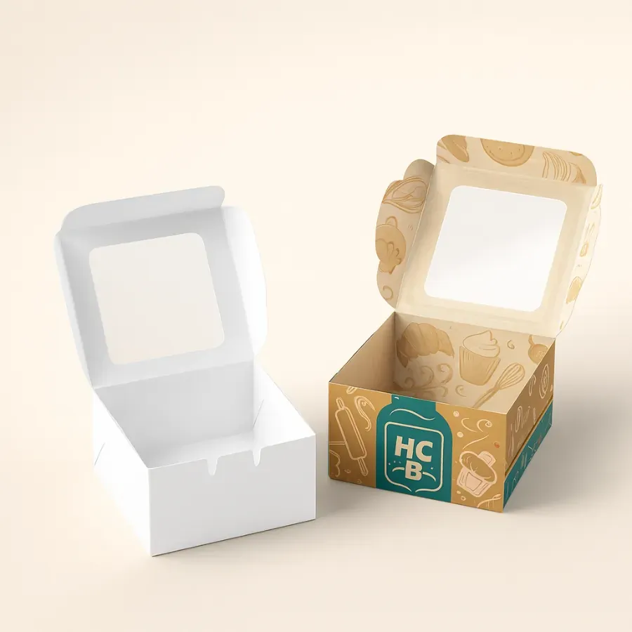 Custom pastry packaging boxes with printed branding and window cutout design for bakery and dessert presentation
