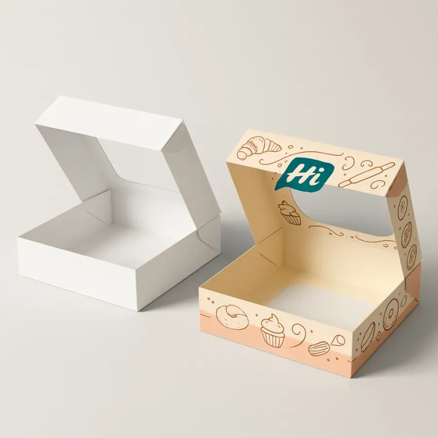 Printed pastry boxes with handle and artistic dessert illustrations- ideal for cupcakes- pastries- and bakery treats class=