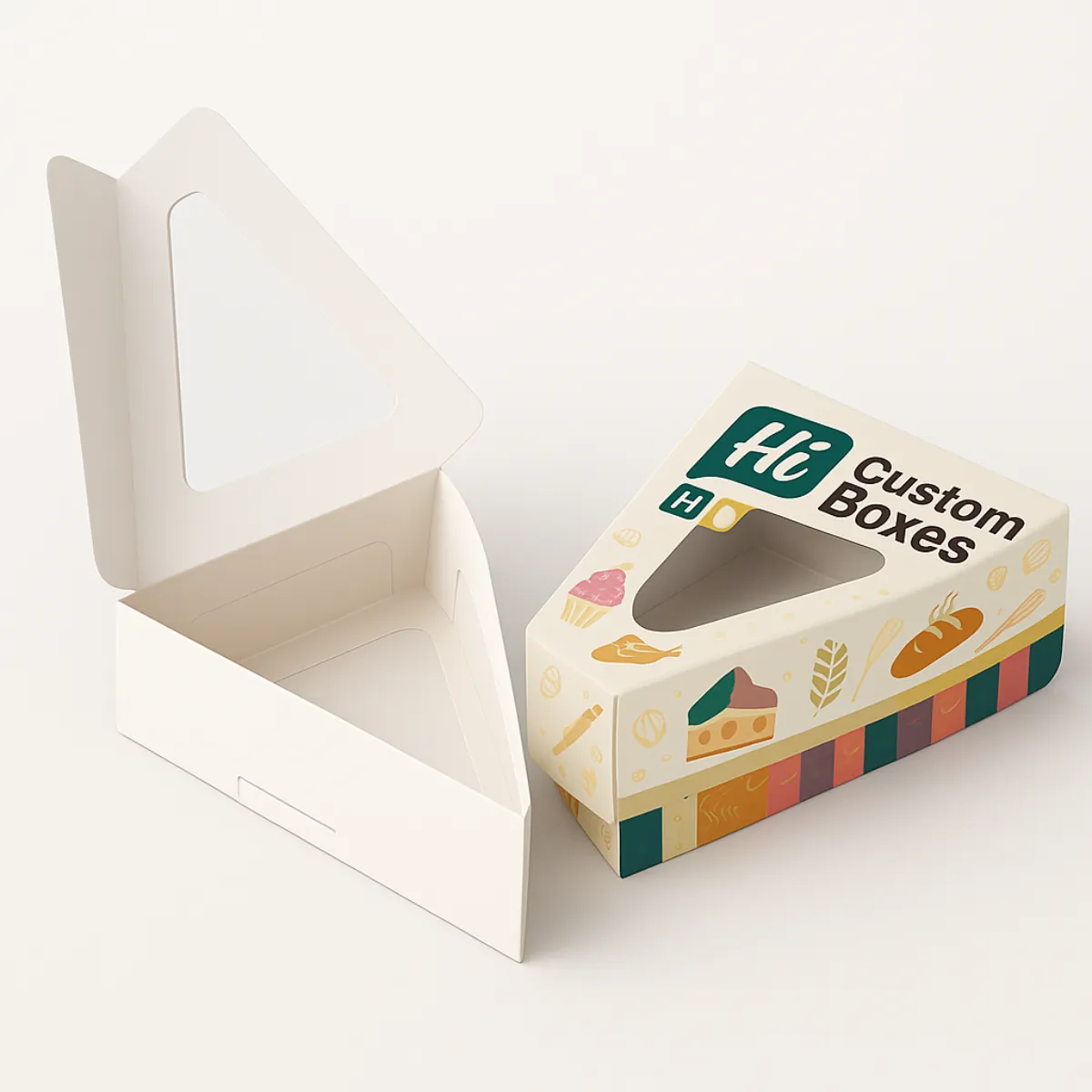 Two triangular bakery boxes with clear window cutouts- one plain white and one custom printed with food illustrations- bread and dessert graphics- and -Hi Custom Boxes- branding- class=