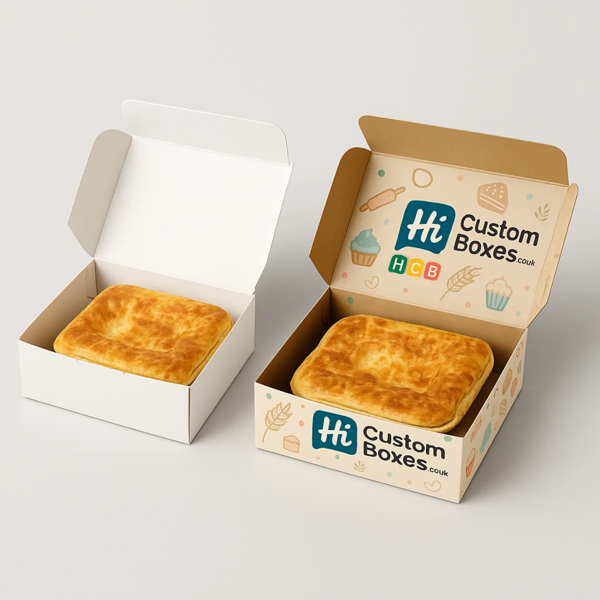 Two square bakery boxes holding golden-brown pies- one plain white and one custom printed with cupcake and food-themed graphics along with -Hi Custom Boxes- branding on the lid interior- class=
