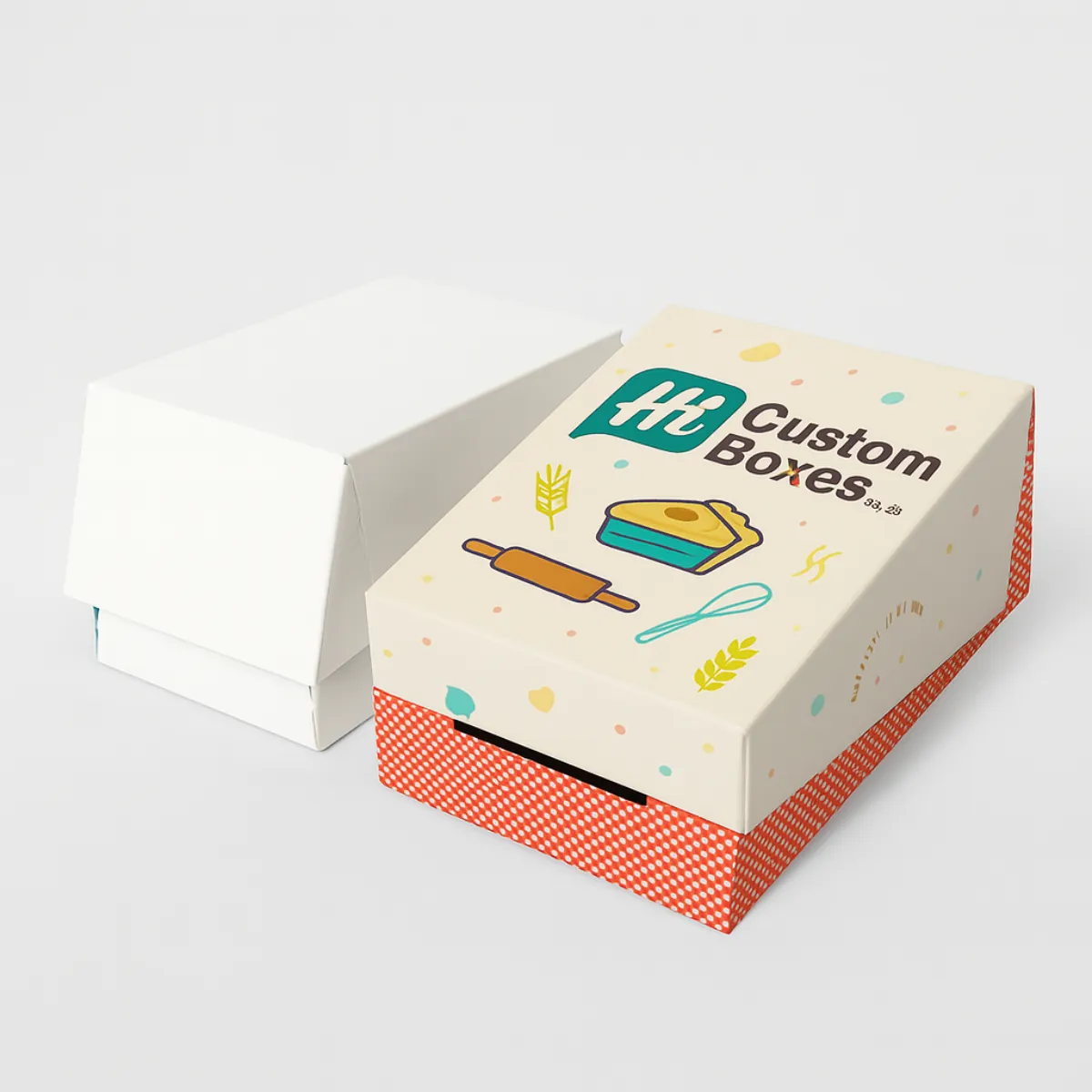 Two rectangular pastry boxes- one plain white and one custom printed with rolling pin- wheat- and pie illustrations- featuring -Hi Custom Boxes- branding with a red patterned base- class=