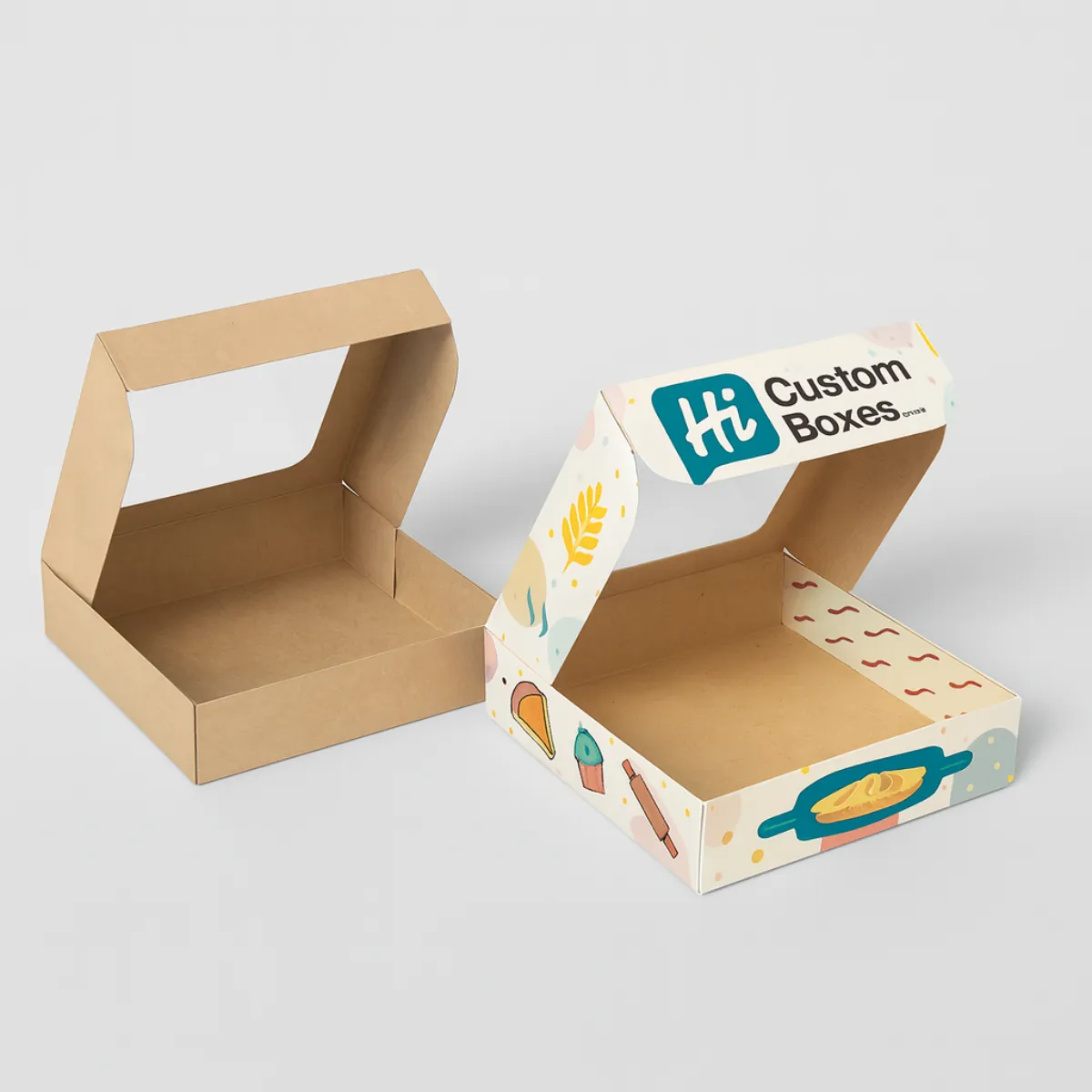 Two triangular bakery boxes with clear window cutouts- one plain white and one custom printed with food illustrations- bread and dessert graphics- and -Hi Custom Boxes- branding-