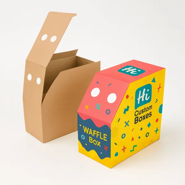 Tall bright yellow waffle box with bold Hi Custom Boxes branding next to plain kraft version open class=