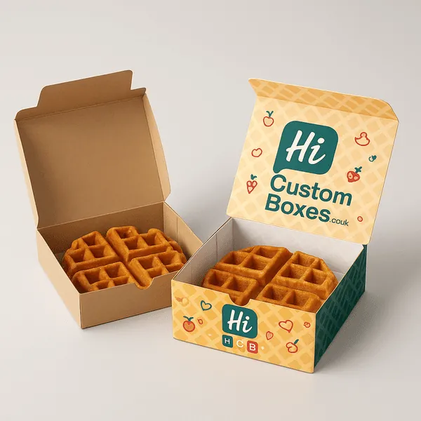 Printed waffle packaging box with HCB branding open lid showing fresh golden waffles inside