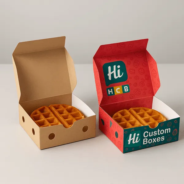 Red and teal waffle box with Hi Custom Boxes logo open to reveal a golden round waffle inside class=