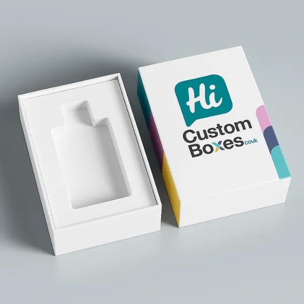 Custom two-piece rigid box with bottle-shaped insert and colorful Hi Custom Boxes branding on the lid- class=