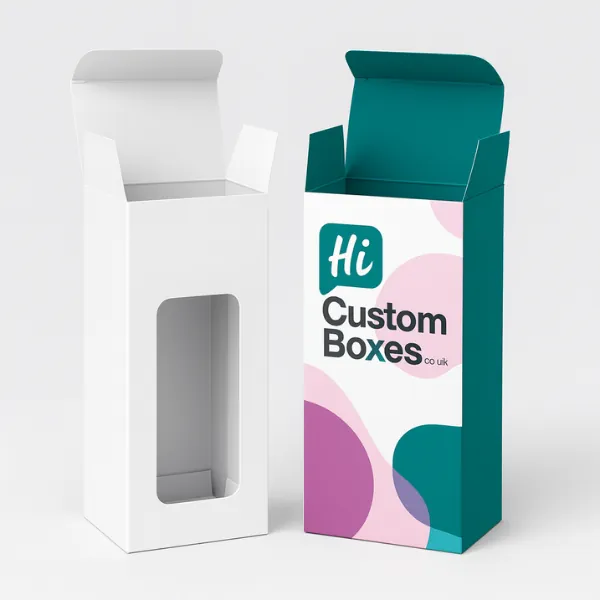 Custom two-piece rigid box with bottle-shaped insert and colorful Hi Custom Boxes branding on the lid-