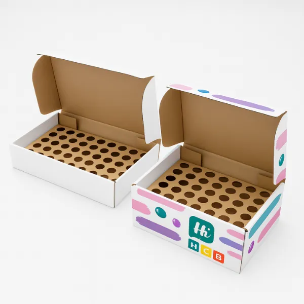 Two open display mailer boxes with kraft interiors and circular cut-out inserts- one plain and one printed with Hi HCB branding and colorful brushstroke design- class=