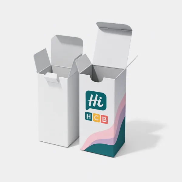 Two reverse tuck end boxes- one plain white and one printed with Hi HCB logo and colorful wave design- class=