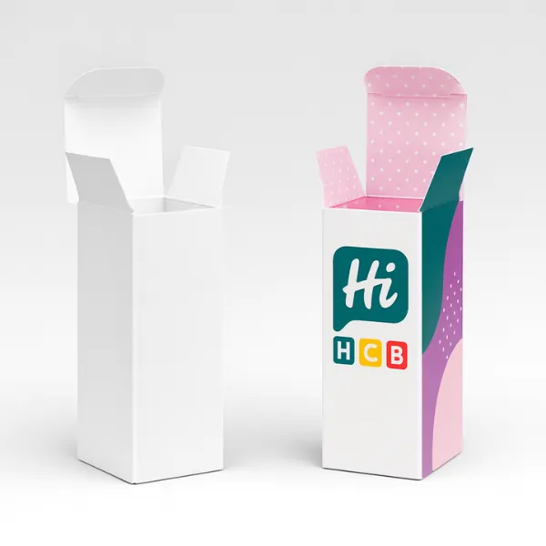 Two tall tuck-top product boxes- one plain white and one custom-printed with Hi HCB branding and pink polka-dot interior-