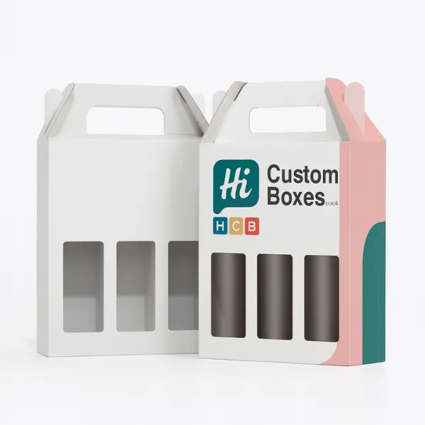 Custom gable-style carrier box with handle and window cutouts- branded with Hi Custom Boxes logo- ideal for showcasing and carrying multiple products- class=