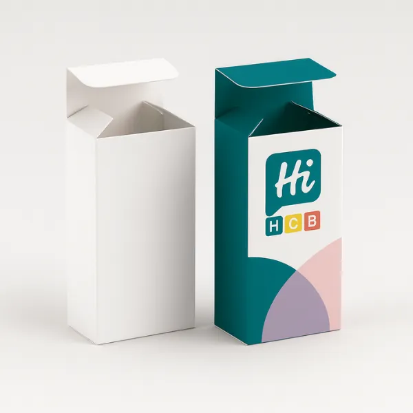 Custom tuck-top packaging box in teal and white design with Hi Custom Boxes branding- perfect for retail and secure product display-