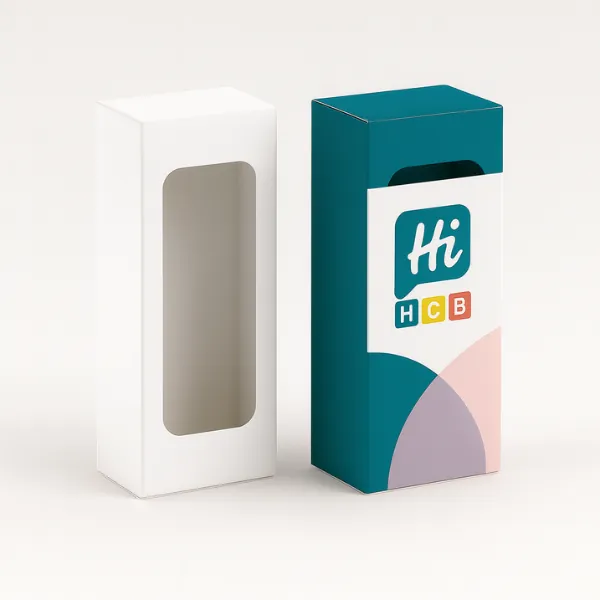 Custom rectangular window box with branded design- featuring a clear cutout for product visibility and stylish retail packaging- class=