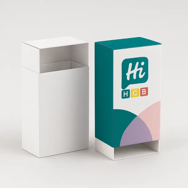 Custom two-piece rigid sleeve box with sliding insert- printed in teal and pastel branding- designed for premium retail packaging- class=
