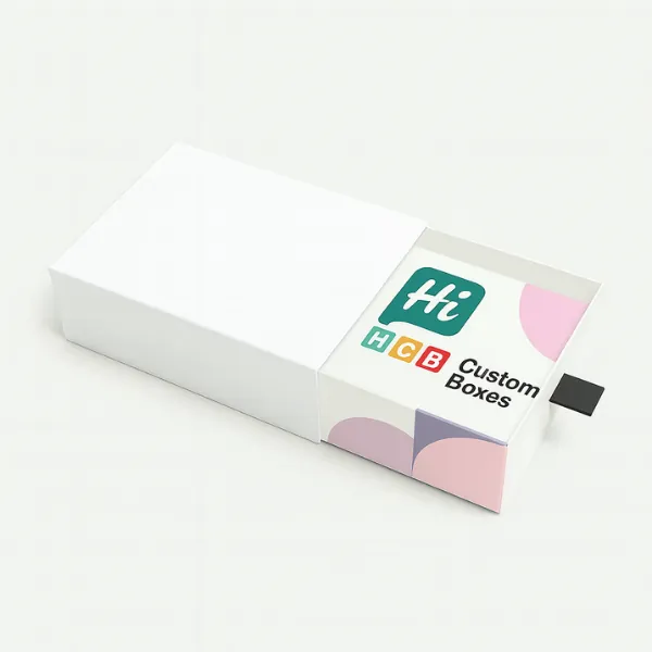 Sliding drawer rigid boxes - one plain white sleeve- one printed inner drawer with pastel shapes and Hi Custom Boxes branding- class=