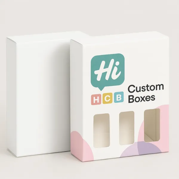 Custom display packaging with three front windows - one plain white- one printed with pastel shapes and Hi Custom Boxes branding- class=