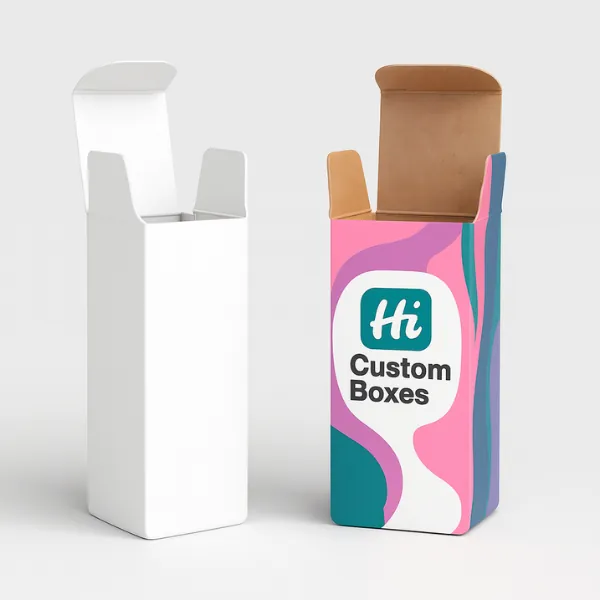 Tall rectangular product boxes - one plain white- one with colorful abstract design and Hi Custom Boxes logo-