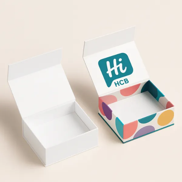 Magnetic closure rigid boxes - one plain white- one printed with colorful polka-dot design and Hi HCB logo inside lid- class=