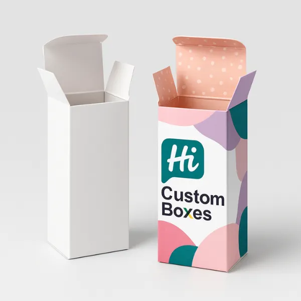 Plain and custom printed hanging tab packaging boxes with window- showcasing minimalist white design and colorful branded version