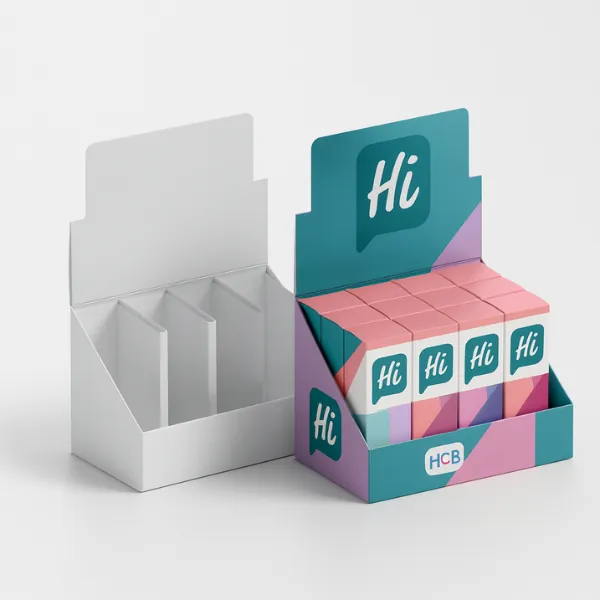 Open display box with dividers- shown in plain and fully printed versions- holding multiple branded small boxes class=