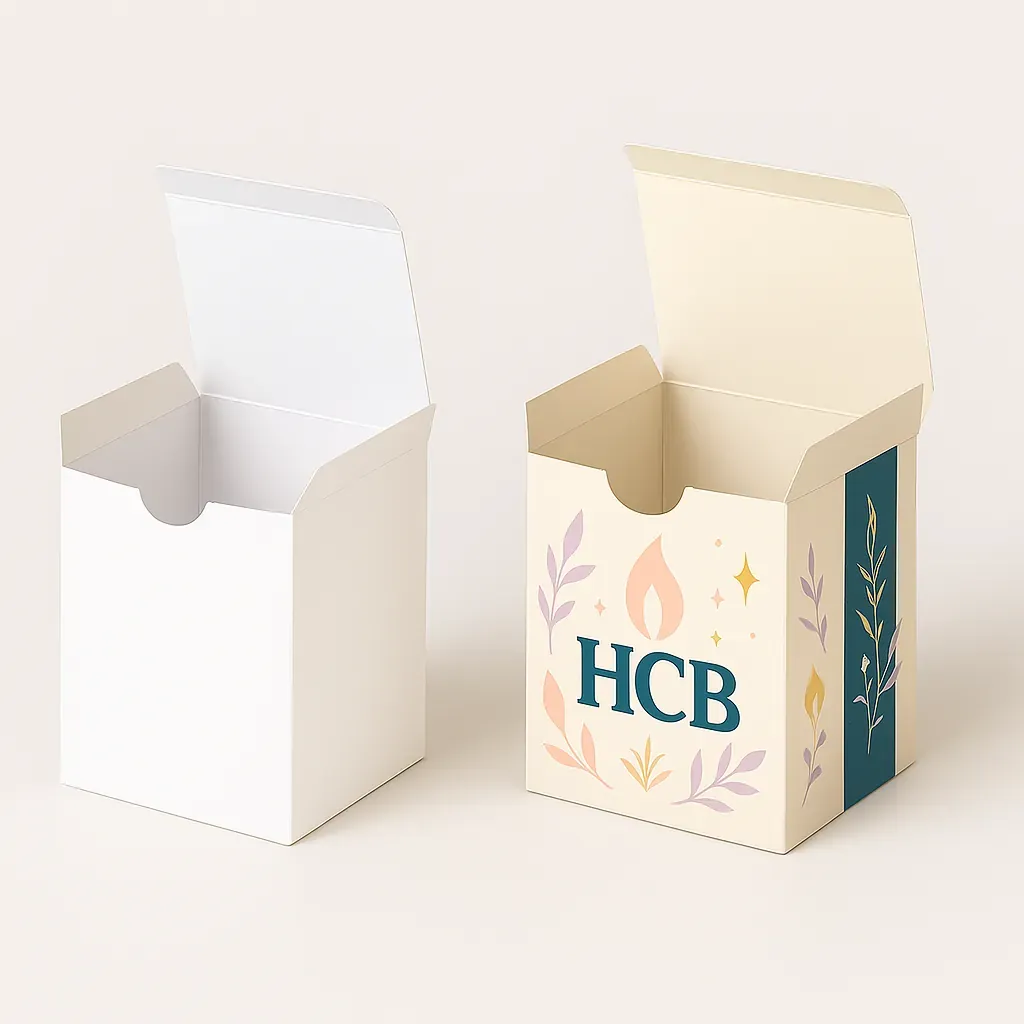 Two cube-shaped tuck top packaging boxes- one plain white and the other decorated with pink- teal- and cream accents- The designed box displays -HCB- with a large flame icon and leafy illustrations class=