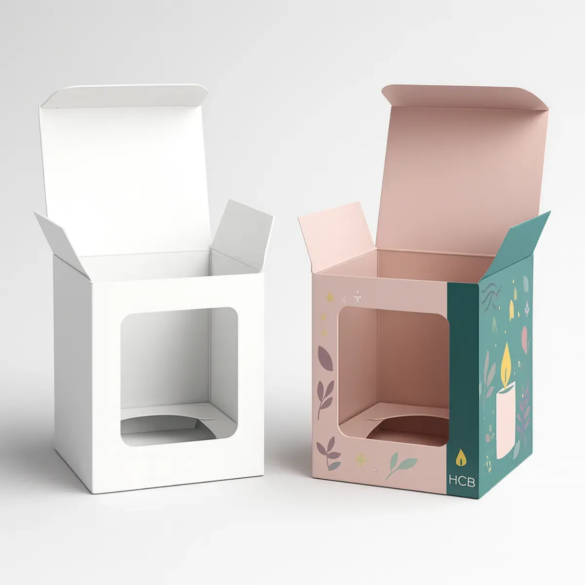 Custom candle packaging boxes with open tuck top- one plain white and one printed with HCB branding- teal and pink design- floral artwork- and candle illustration- holding a large jar candle inside class=