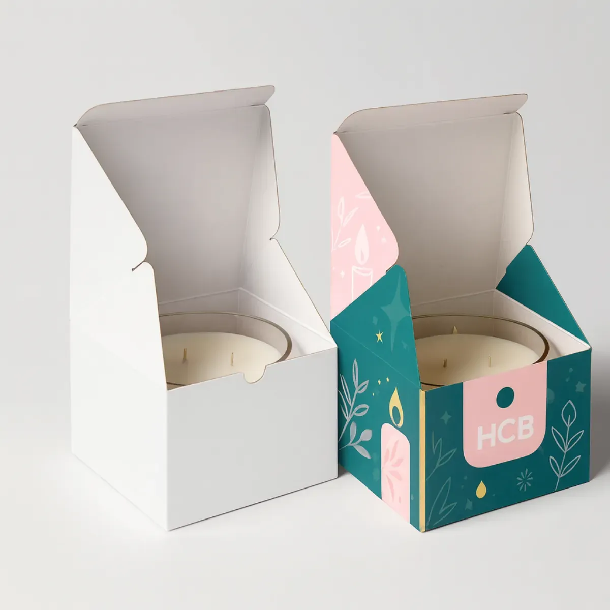 Tall rectangular candle packaging boxes- one plain white and one colorful HCB printed design with floral and candle illustrations
