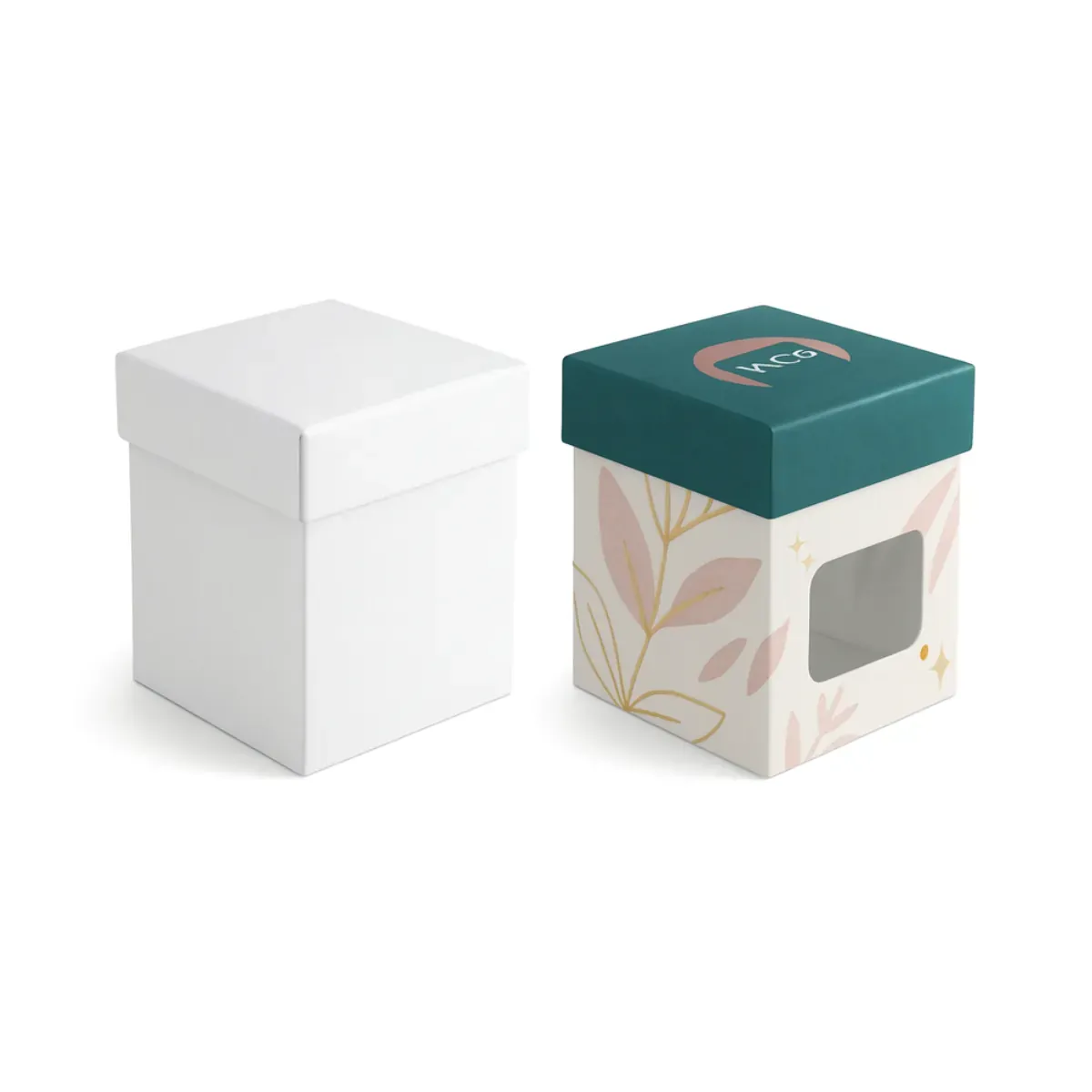 Square rigid candle box mockup- one plain white and one custom printed with HCB branding- teal lid- floral patterns- and a transparent window on the side class=
