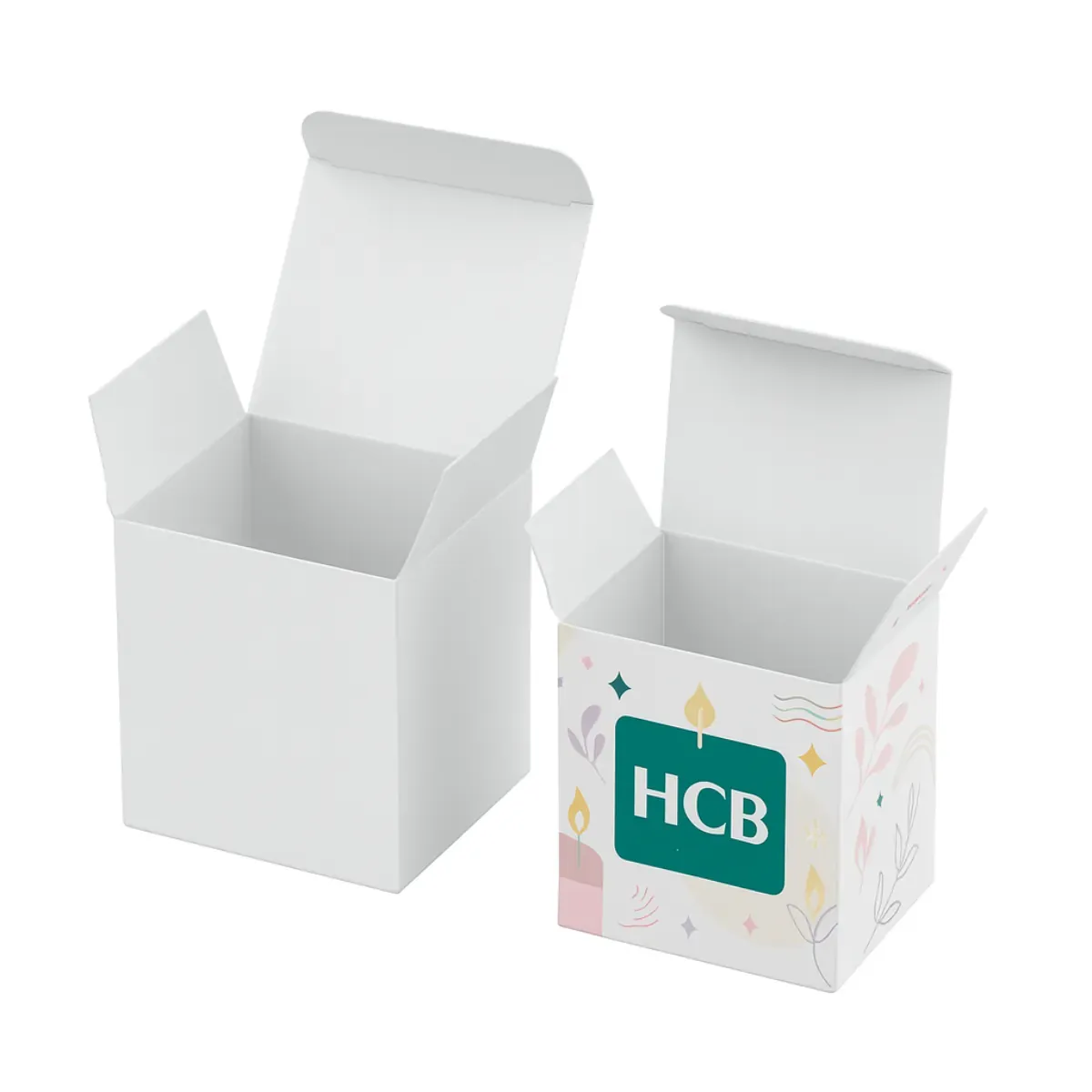 Square tuck top candle packaging boxes- one plain white and one printed with colorful graphics and HCB logo class=