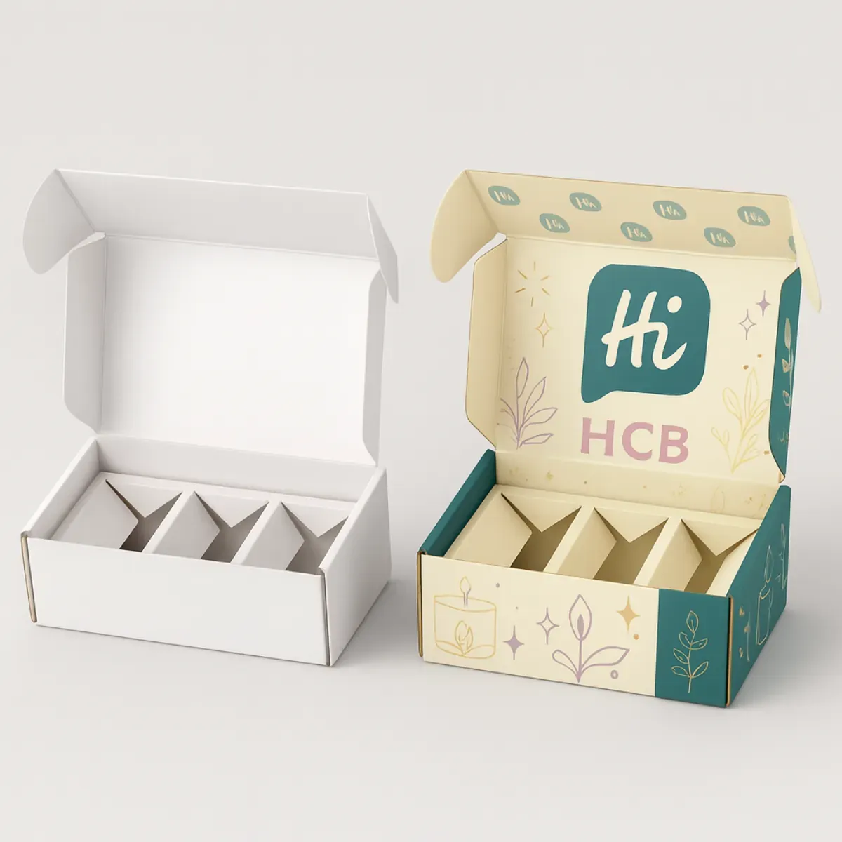 Custom candle packaging box with dividers- shown in plain white and printed design version with pastel illustrations and Hi HCB branding