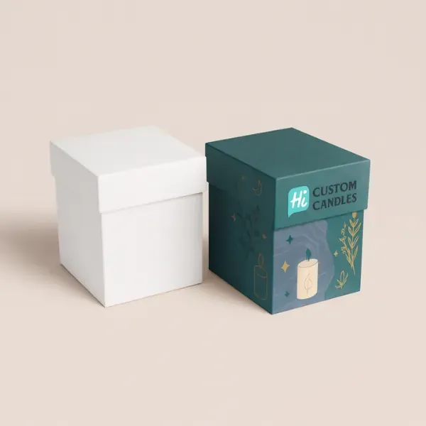 Square rigid setup boxes with detachable lids- one plain white and one dark green with gold candle illustrations and custom branding class=