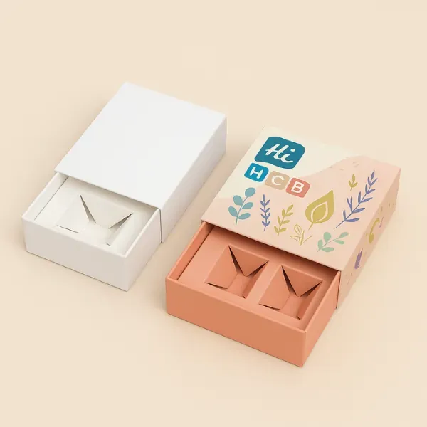 Custom rigid drawer boxes with dual compartments- one plain white and one peach-colored with floral printed sleeve and custom branding- class=