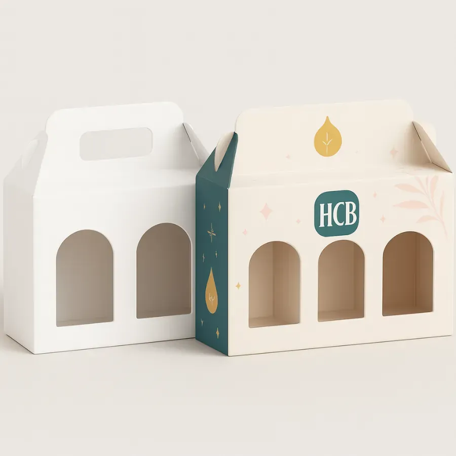 Handle-style gable candle boxes with three arched window cutouts- one plain white and the other in cream with pastel illustrations- golden drop icon- and HCB branding class=