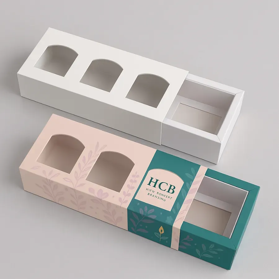 Rectangular candle box sleeves with three front window cutouts- one plain white and one decorated with pastel pink and teal floral designs- featuring HCB branding class=