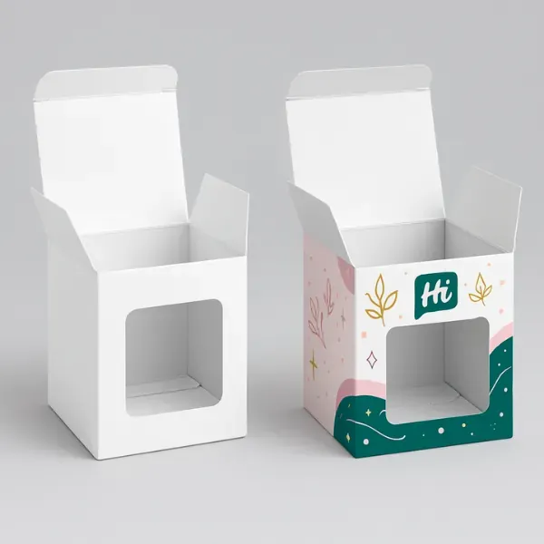 Tuck top packaging boxes with a cut-out window- one blank white and one custom printed with pastel floral graphics and -Hi- logo class=