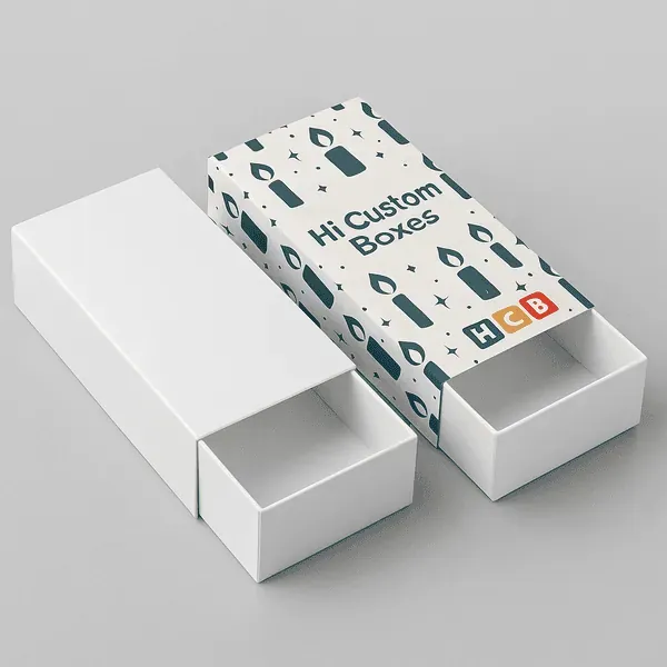 Personalised candle sleeve boxes with sliding drawer design shown in plain and custom printed versions class=