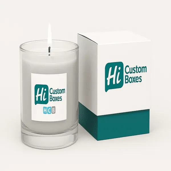 Branded candle and custom two piece candle box with Hi Custom Boxes logo for premium packaging class=