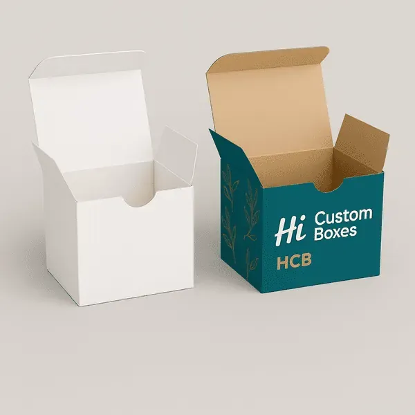Custom candle shipping boxes with front tab opening shown in plain white and branded kraft design class=