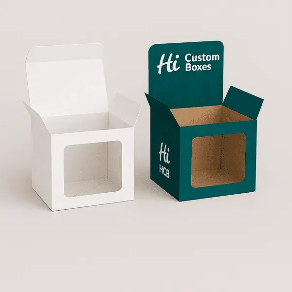 Custom candle shipping boxes with large front window shown in plain white and printed branded styles class=