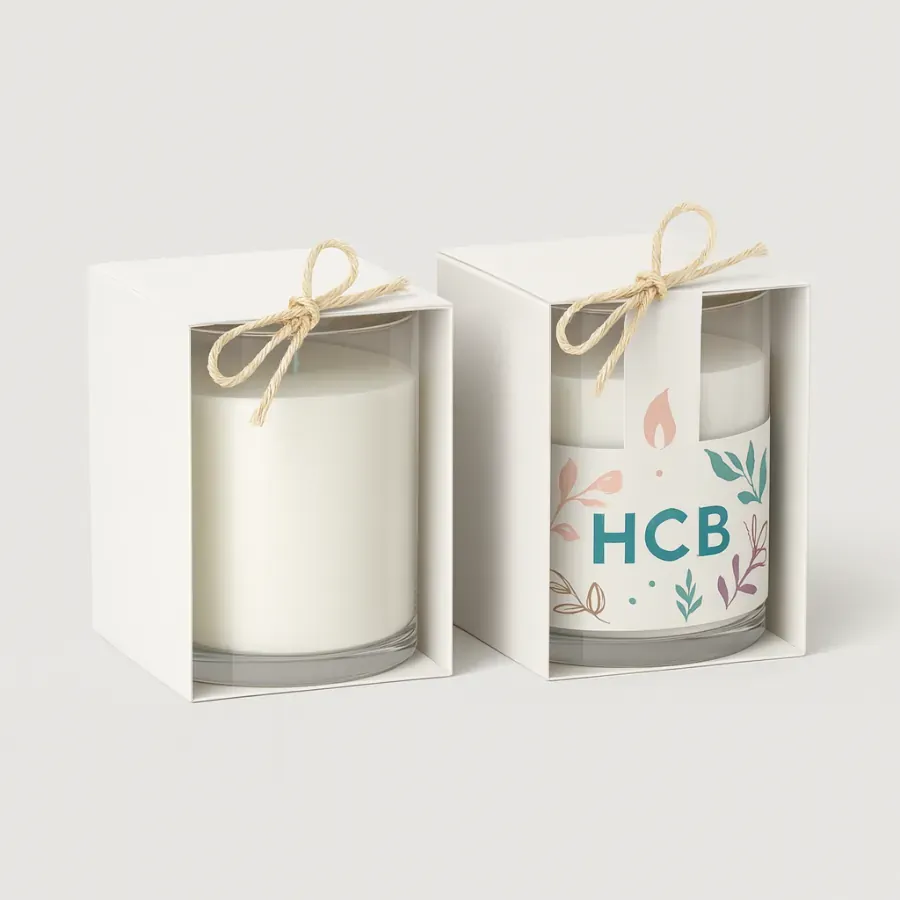 Two glass candles packaged in open-front display boxes tied with twine bows- one plain white and the other with colorful HCB floral branding