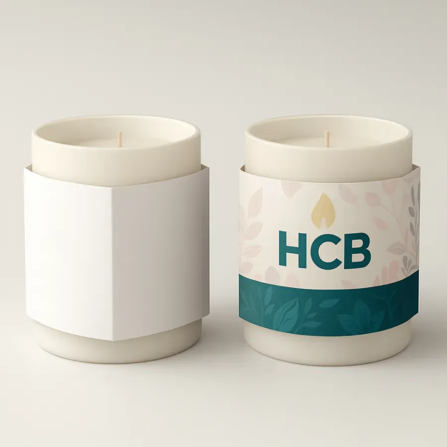 Two large candles with sleeve wraps- one plain white and the other with HCB logo and pastel floral design printed on a teal and beige wrap class=