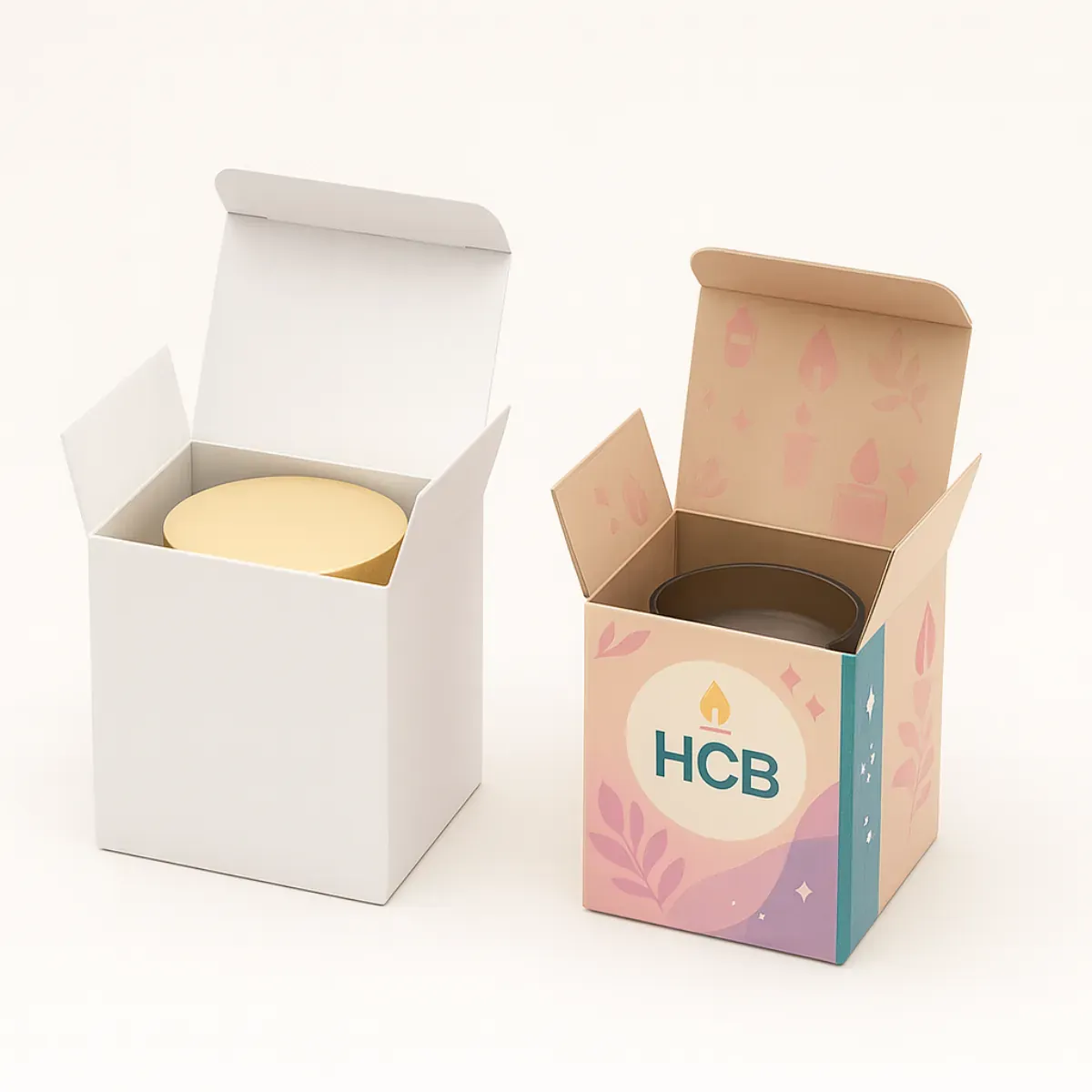 Two cube-shaped candle boxes with tuck-top lids- one plain white and one custom printed in pastel pink with teal accent- gold HCB logo- and candle flame leaf design class=