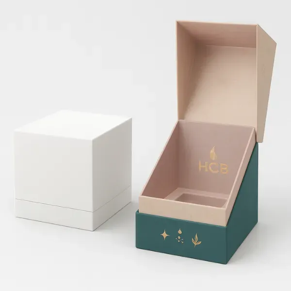 Plain white rigid box beside an open luxury rigid box with pink and teal design- gold -HCB- branding inside- and floral illustrations- class=
