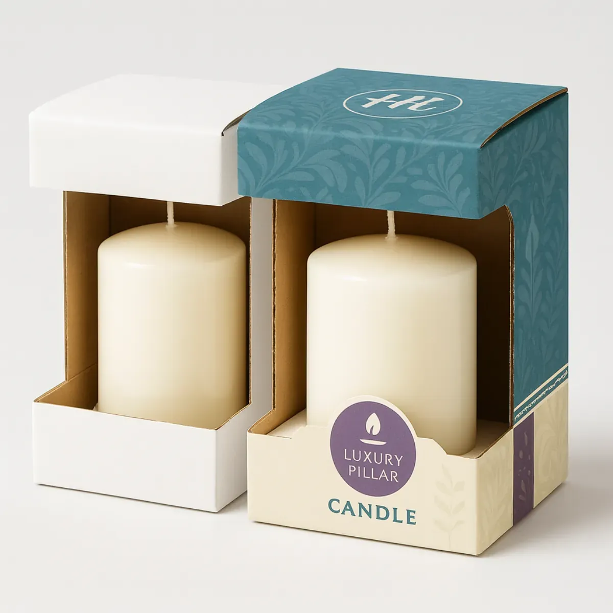 Two luxury pillar candle packaging boxes- one plain white and the other custom printed with teal and beige patterns- candle graphics- and -Luxury Pillar Candle- branding- Both feature a window cut-out to showcase the candle inside
