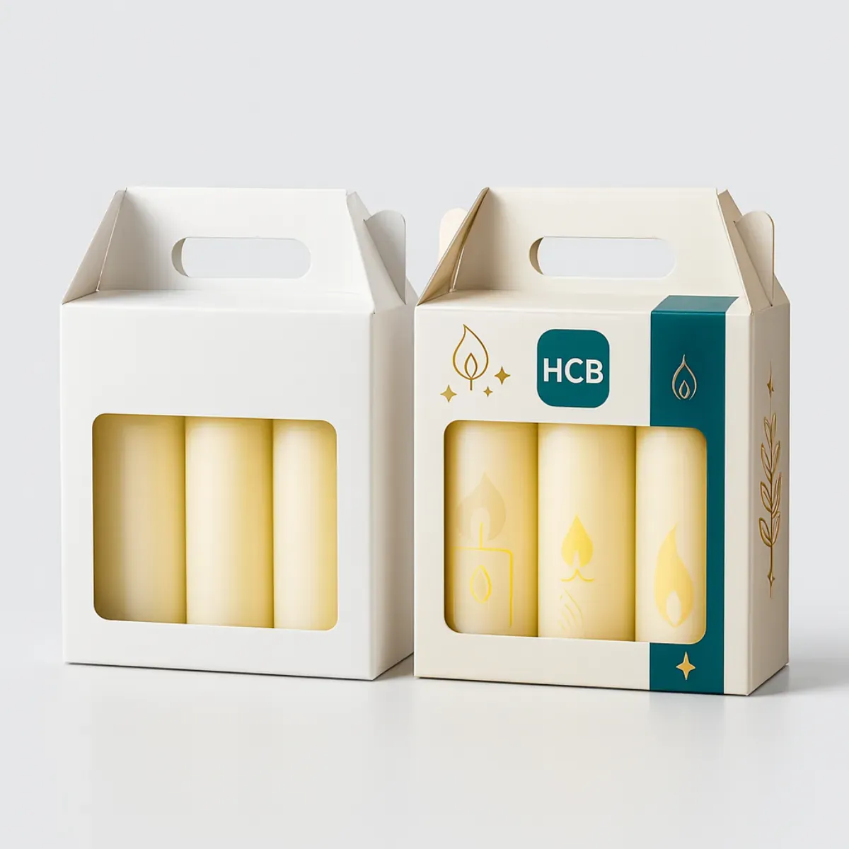 Two gable-style candle packaging boxes with handles- One is plain white with a front window- and the other is custom printed in beige with teal and gold candle graphics- botanical accents- and -HCB- branding- Both show pillar candles inside class=