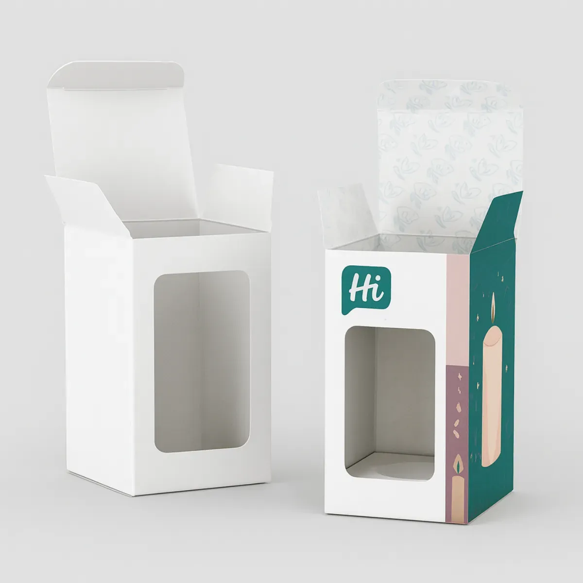 Two tall candle packaging boxes- one plain white with an open flap and the other custom printed with teal and pink candle illustrations- leaf motifs- and -Hi- branding- Both boxes feature a clear front window to display the product inside class=