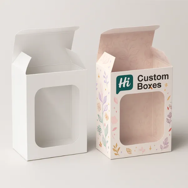 Custom tuck top window boxes - plain kraft version on the left and floral printed box with Hi Custom Boxes branding on the right- class=