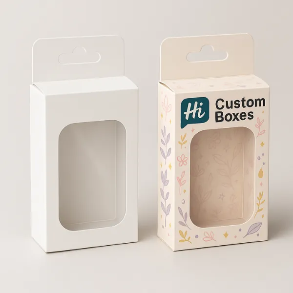 Custom hanging display window boxes - plain kraft version on the left and floral printed retail packaging box with Hi Custom Boxes branding on the right- class=